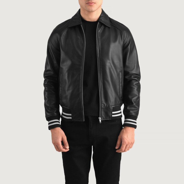 Mens Walton Black Leather Varsity Jacket Open Front-4-1704116526612